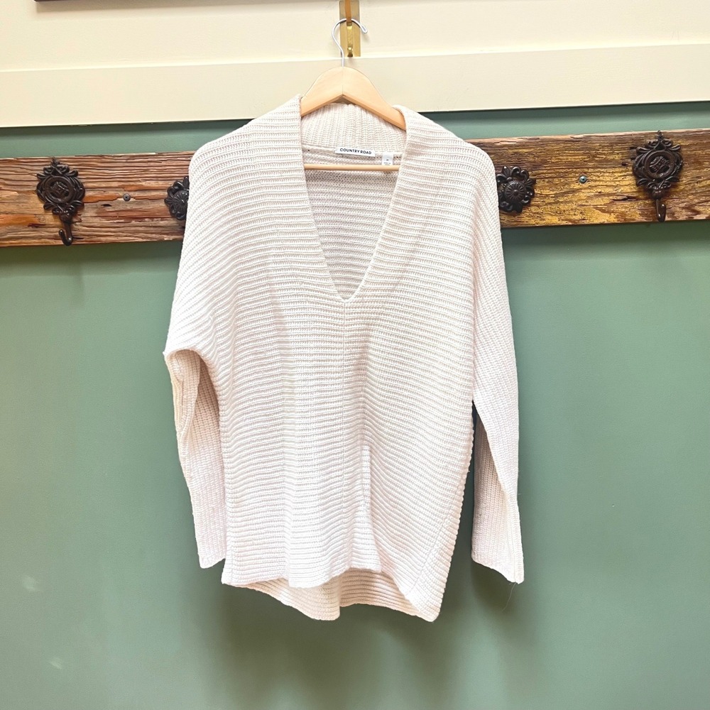 Country Road Cream Wool Cashmere Blend Ribbed V-Neck Sweater Womens M 60194760